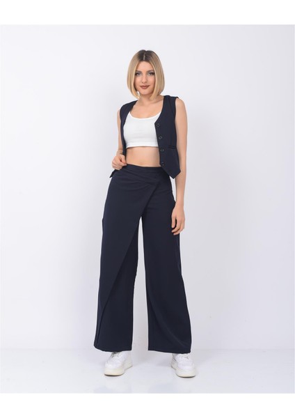 Önden Düğme Detaylı Pareo Pantolon & Yelek Lacivert