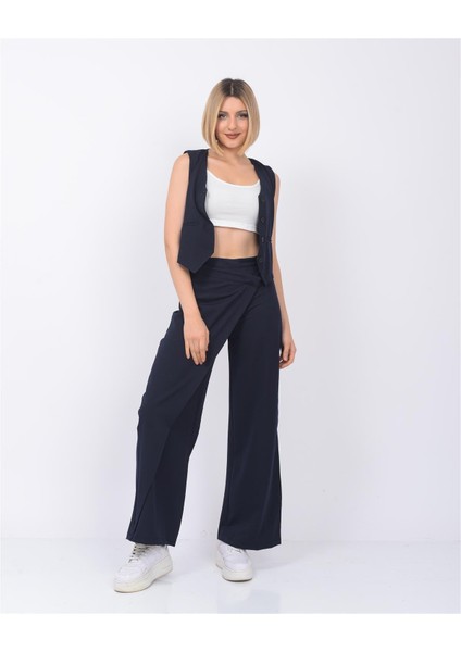 Önden Düğme Detaylı Pareo Pantolon & Yelek Lacivert fiyatları