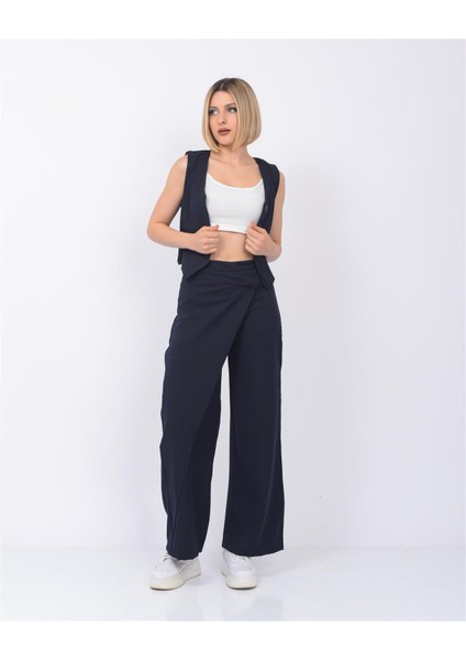 Önden Düğme Detaylı Pareo Pantolon & Yelek Lacivert modelleri