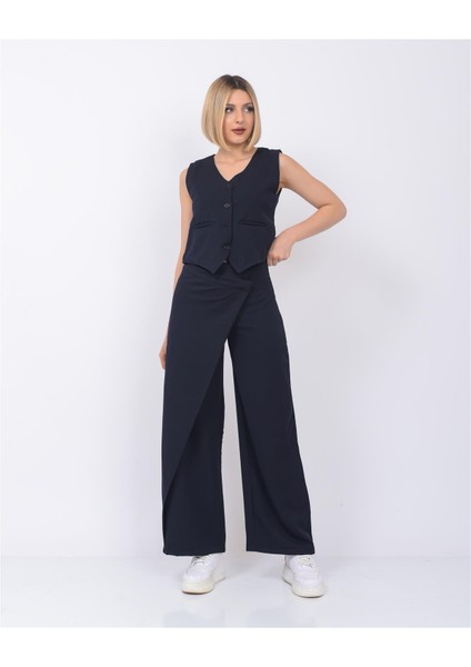 Önden Düğme Detaylı Pareo Pantolon & Yelek Lacivert fırsatları