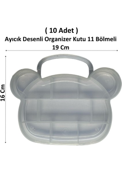 Platin Hırdavat Ayıcık Desenli Organizer Şeffaf Kutu Hobby, Takı, Boncuk, 11 Bölmeli ( 10 Adet )