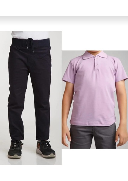 Unisex Çocuk Ribana Bel Lacivert Okul Pantolon +Kısa Kol Pamuk Polo Yaka T-Shırt
