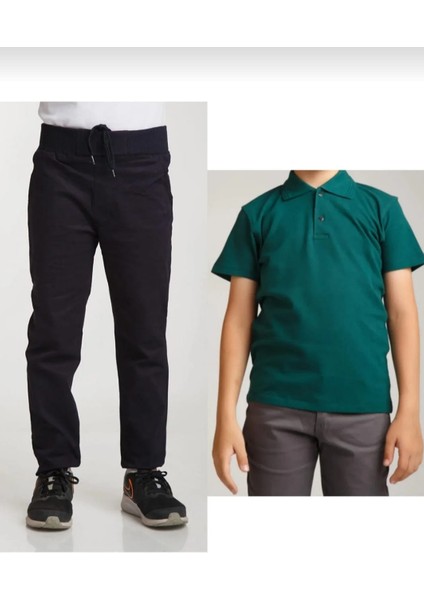 Unisex Çocuk Ribana Bel Lacivert Okul Pantolon +Kısa Kol Pamuk Polo Yaka T-Shırt