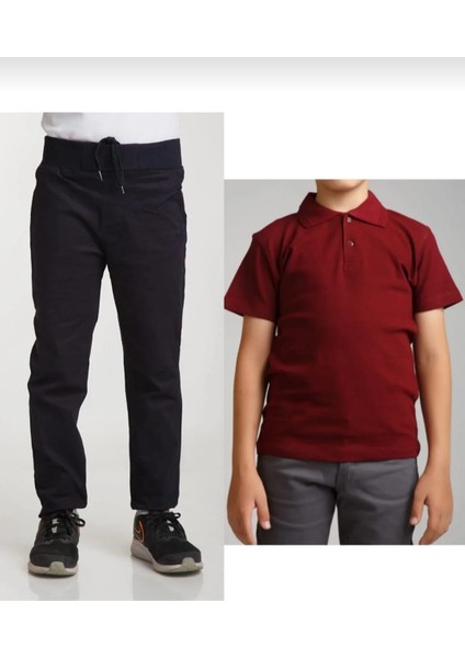 Unisex Çocuk Ribana Bel Lacivert Okul Pantolon +Kısa Kol Pamuk Polo Yaka T-Shırt