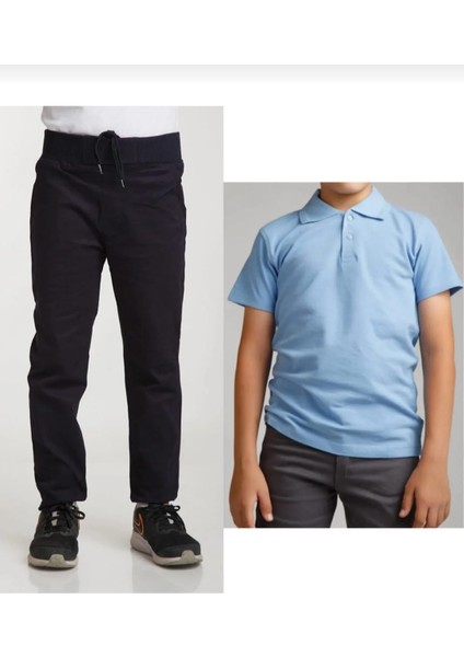 Unisex Çocuk Ribana Bel Lacivert Okul Pantolon +Kısa Kol Pamuk Polo Yaka T-Shırt