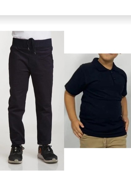 Unisex Çocuk Ribana Bel Lacivert Okul Pantolon +Kısa Kol Pamuk Polo Yaka T-Shırt