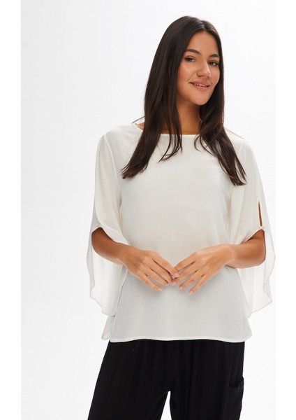 Kendinden Dokulu Yuvarlak Yaka Dokuma Bluz 68154