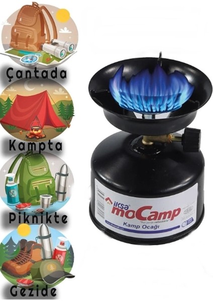 Iksa Mocamp Kamp Ocağı Piknik Tüpü Kamp Bağ Bahçe Ev Işyeri Için Kamp Ocağı + Rüzgarlık + Çakmak Gazı 3'lü Set