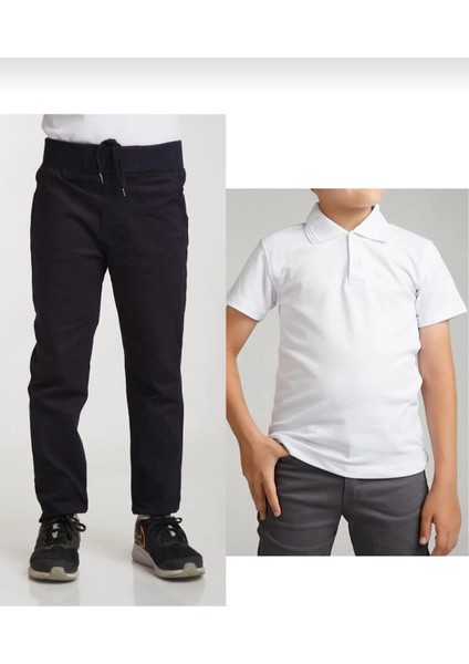 Unisex Çocuk Ribana Bel Lacivert Okul Pantolon +Kısa Kol Pamuk Polo Yaka T-Shırt