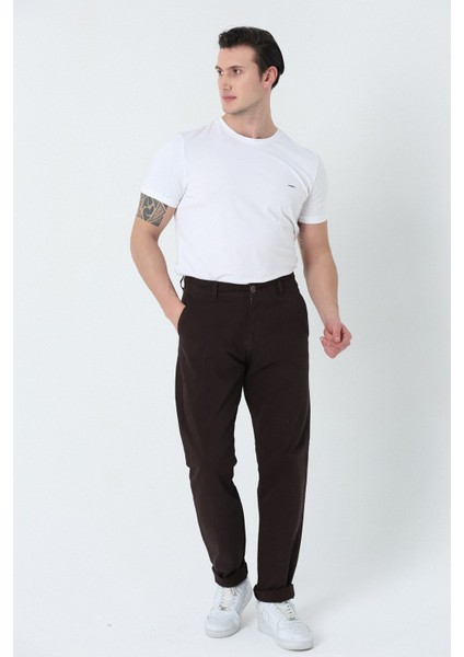 Erkek Comfort Fıt Normal Bel Düz Paça Yan Cepli Esnek Gabardin Dokuma Chıno Pantolon Kahverengi