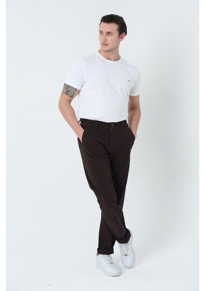 Erkek Comfort Fıt Normal Bel Düz Paça Yan Cepli Esnek Gabardin Dokuma Chıno Pantolon Kahverengi modelleri