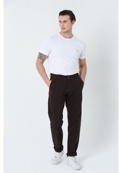 Erkek Comfort Fıt Normal Bel Düz Paça Yan Cepli Esnek Gabardin Dokuma Chıno Pantolon Kahverengi fırsatları