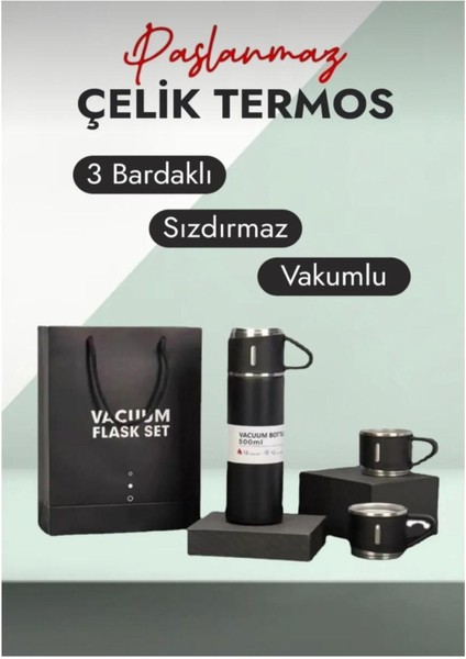 3 Bardaklı Termus, Paslanmaz Çelik Termos, Vakumlu Çanta Hediyeli Termos