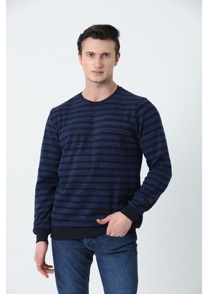 Erkek Rahat Kesim Bisiklet Yaka Enine Çizgili Yumuşak Dokulu Interlok Kumaş Sweatshırt Saks Mavi