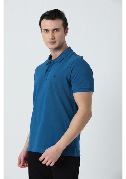 Erkek Polo Yaka Logo Nakışlı Pike Dokulu T-Shırt Deniz Mavisi modelleri