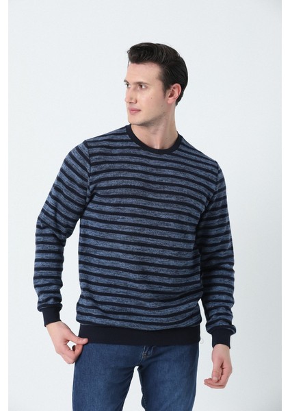 Erkek Rahat Kesim Bisiklet Yaka Enine Çizgili Yumuşak Dokulu Interlok Kumaş Sweatshırt Indigo Mavi