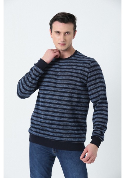 Erkek Rahat Kesim Bisiklet Yaka Enine Çizgili Yumuşak Dokulu Interlok Kumaş Sweatshırt Indigo Mavi