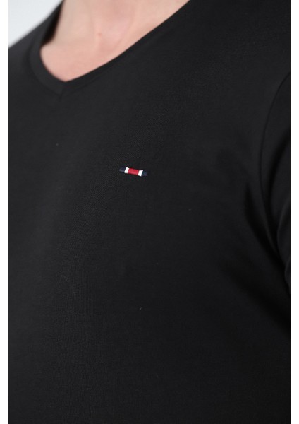 Erkek V Yakalı Logo Nakışlı Likra Süprem Basıc T-Shırt Siyah indirimleri