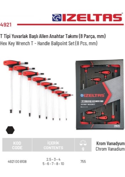 Izeltaş 8 Parça T Tipi Yuvarlak Başlı Uzun Allen Anahtar Takımı Alyan Set 4921 00 8108