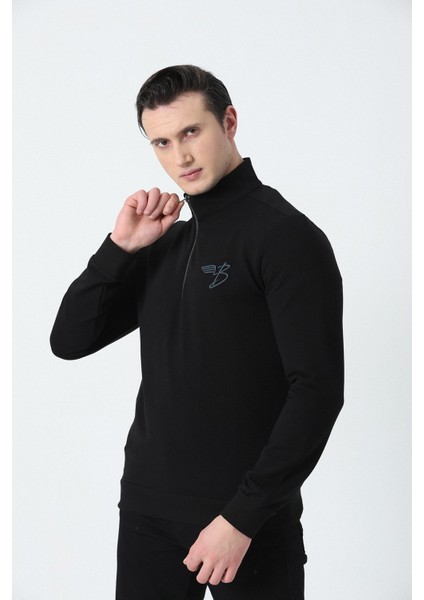 Erkek Dik Yakalı Yarım Metal Fermuarlı 2 Iplik Penye Sweatshırt Siyah modelleri