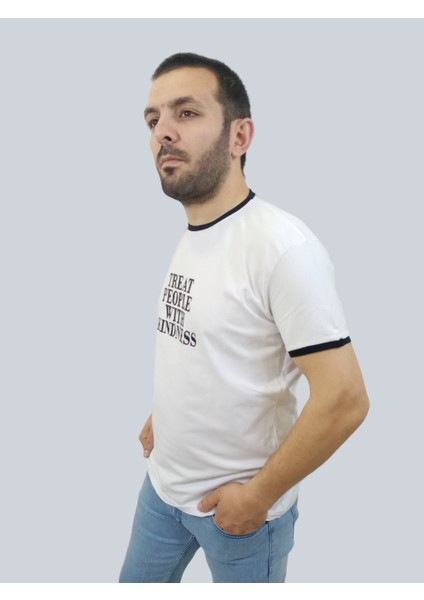 Erkek Kindness Sıfır Yaka Basic Beyaz Tişört