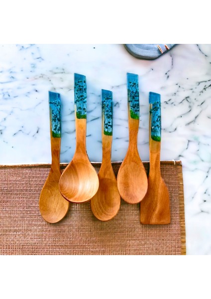 Gece Mavisi Serisi 5 Parça Tahta Servis ve Pişirme Mutfak Seti Takımı 29 Cm.