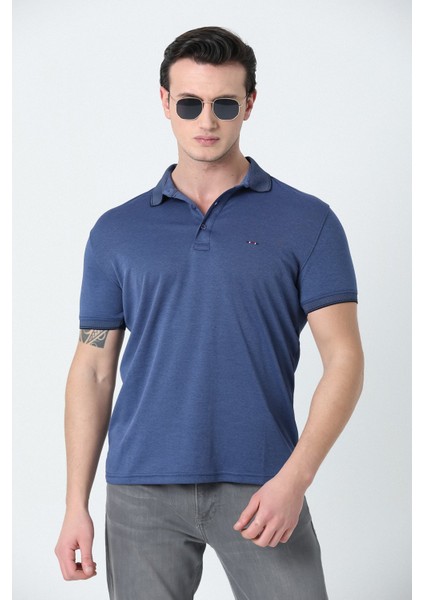 Erkek Polo Yaka Logo Nakışlı Merserize T-Shırt Deniz Mavisi