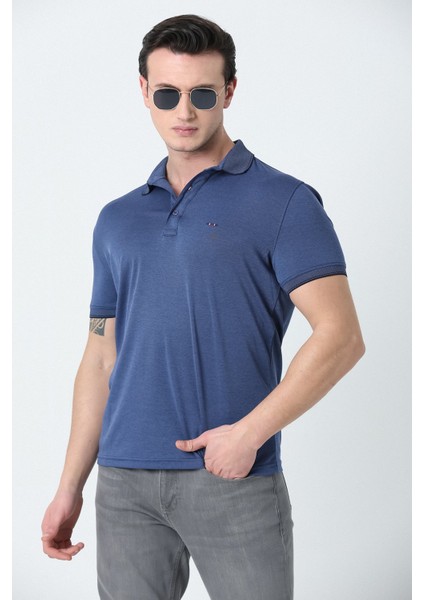 Erkek Polo Yaka Logo Nakışlı Merserize T-Shırt Deniz Mavisi fırsatları