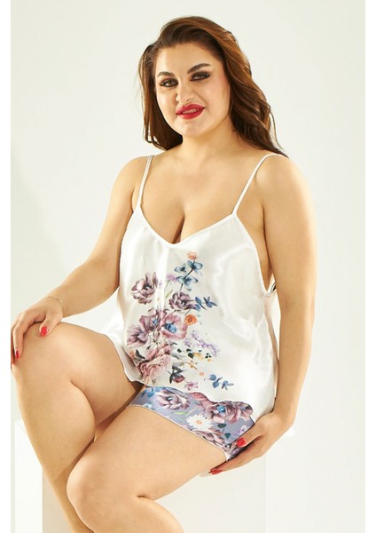 Kılıç Lingerie Saten Beyaz Çiçek Desenli Kadın Şortlu Takım