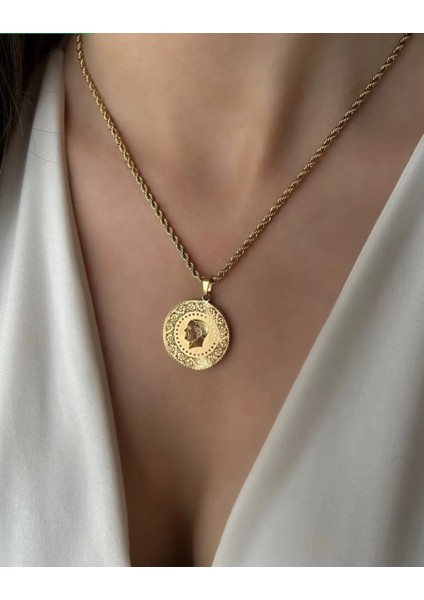 Çelik Gold Burgu Zincirli Çeyrekli Kolye