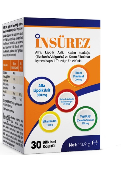 Insürez Alfa Lipoik Asit, Kadın Tuzluğu (Berberis Vulgaris) ve Krom Pikolinat , Yeşil Çay, Vitamin B6 Içeren Takviye Edici Gıda 30 Bitkisel Kapsül