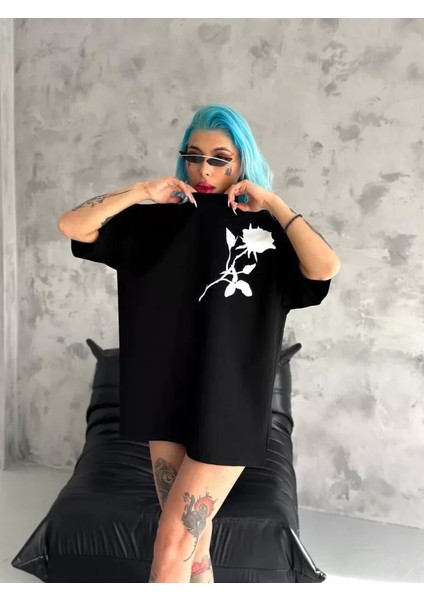 Bisiklet Yaka Baskılı Oversize T-Shirt - Siyah