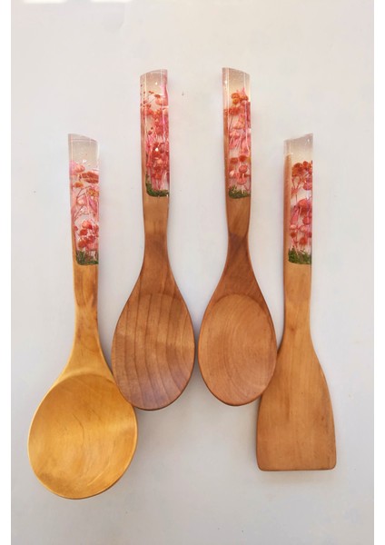Kiraz Çiçeği Serisi 4 Parça Tahta Servis ve Pişirme Mutfak Seti Takımı 29 Cm.