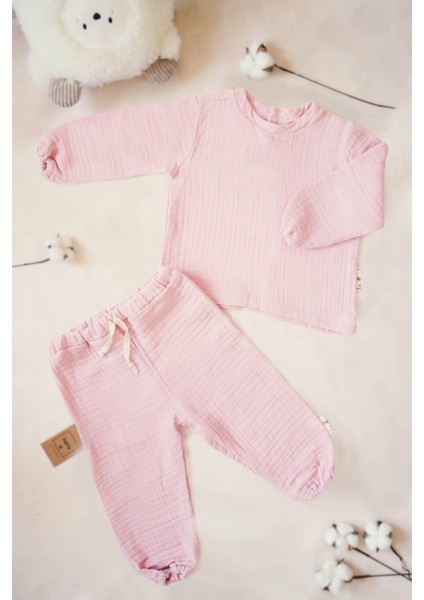 4 Kat Müslin Pamuk Kız Çocuk Sweatshirt - Pantolon Takım