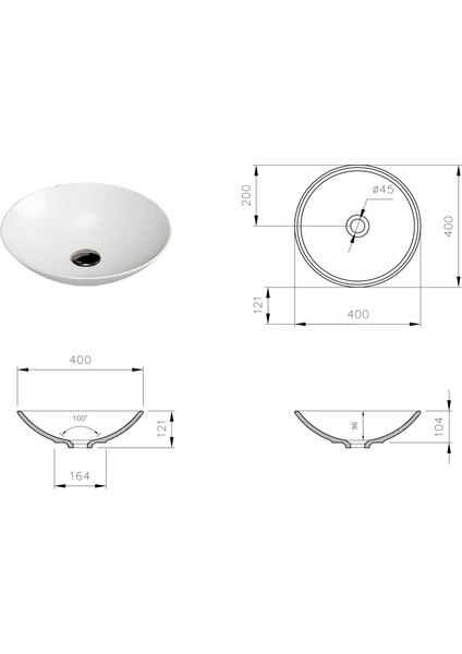 Aqua Bagno Minizia Tezgah Üstü Çanak Lavabo,batarya Deliksiz,40 cm Beyaz