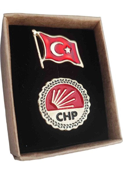 Caca Tasarım Türk Bayrağı ve Chp Yazılı Yaka Rozeti Gold Metal