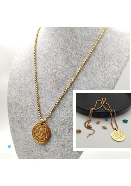 Altın Kaplama Hz. Süleyman Mührü Çelik Kolye | Dock Zincirli Unisex | 45 cm Altın