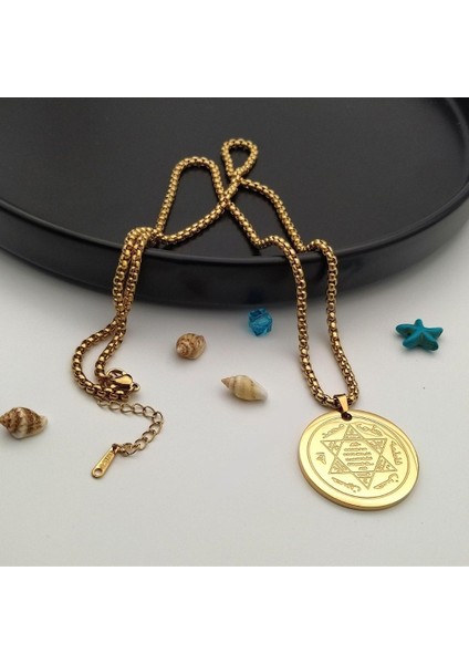 Altın Kaplama Hz. Süleyman Mührü Çelik Kolye | Dock Zincirli Unisex | 45 cm Altın fiyatları