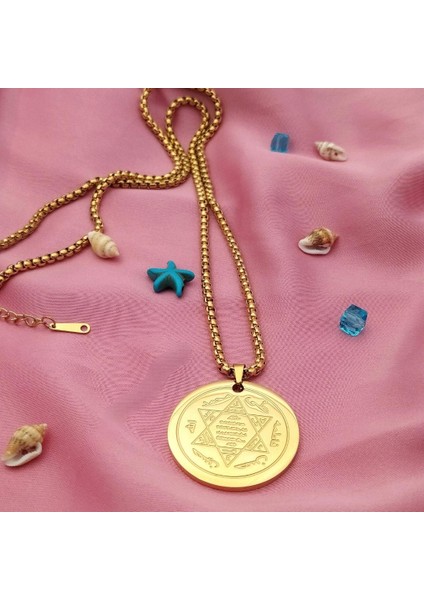 Altın Kaplama Hz. Süleyman Mührü Çelik Kolye | Dock Zincirli Unisex | 45 cm Altın modelleri