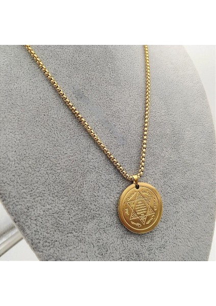 Altın Kaplama Hz. Süleyman Mührü Çelik Kolye | Dock Zincirli Unisex | 45 cm Altın fırsatları