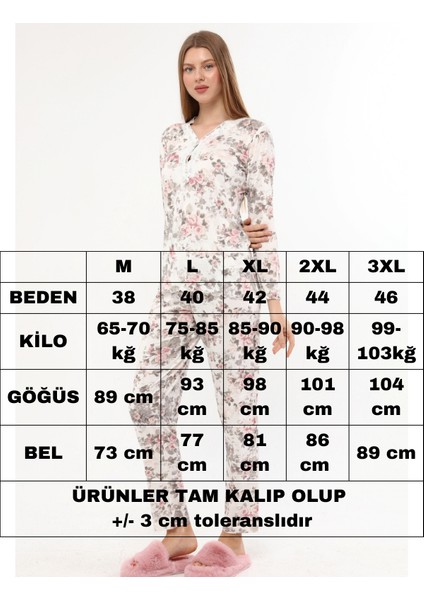 Kadın Ekru Çiçekli Pijama Takımı Bambu Uzunkollu Uzun Pantolon 5783