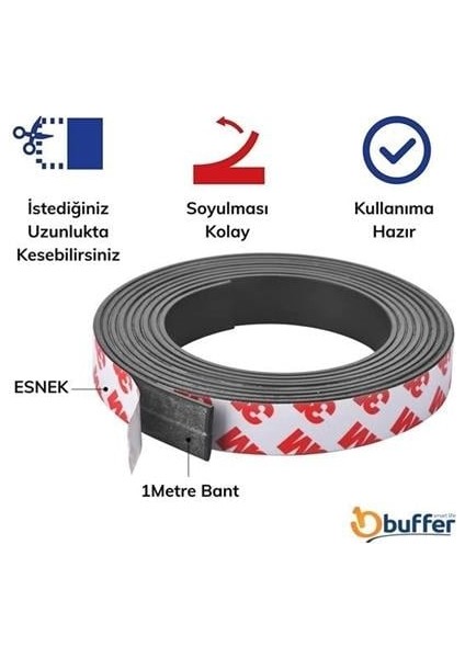 Yapışkanlı Şerit Mıknatıs Magnet Kes Kullan Güçlü Sağlam Rulo Çıkarılması Kolay Siyah 2cm x 1 mt