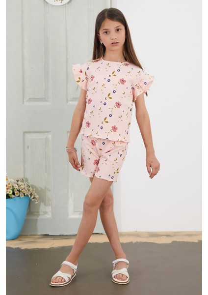 Somon Çiçek Desenli Fırfırlı Kız Çocuk Şortlu Takım 18817