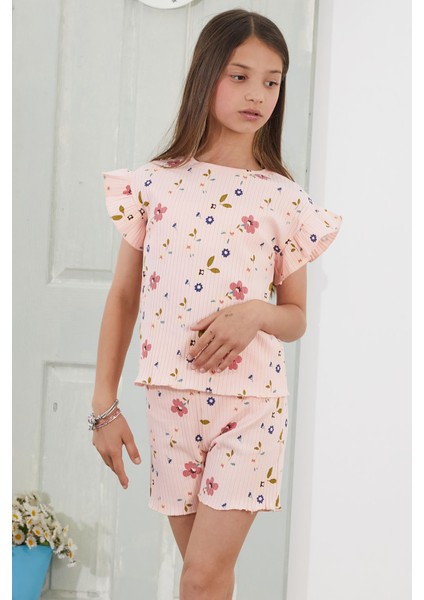 Somon Çiçek Desenli Fırfırlı Kız Çocuk Şortlu Takım 18817 modelleri