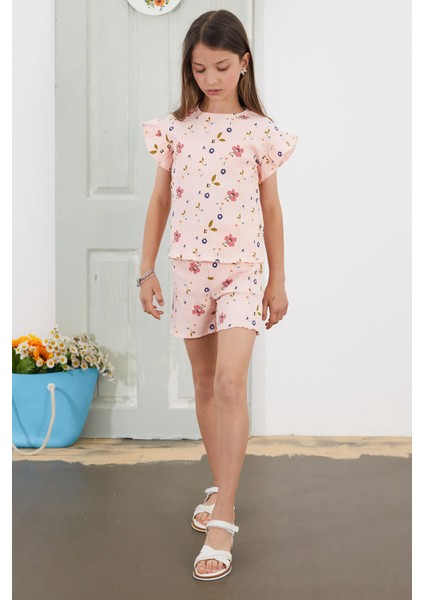 Somon Çiçek Desenli Fırfırlı Kız Çocuk Şortlu Takım 18817 indirimleri