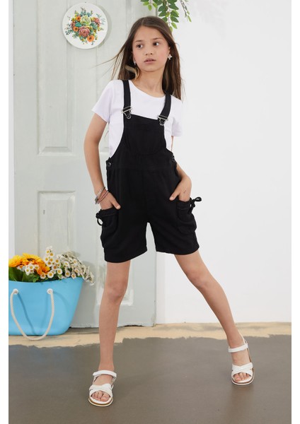 Siyah Göğüs Cepli Kız Çocuk Şort Salopet Tulum 18775