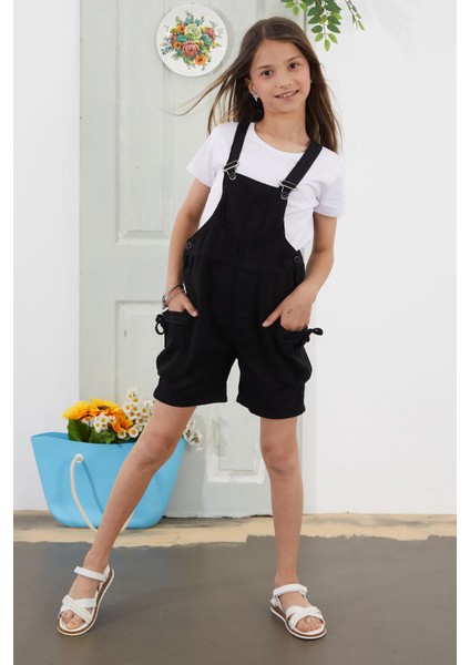 Siyah Göğüs Cepli Kız Çocuk Şort Salopet Tulum 18775 modelleri
