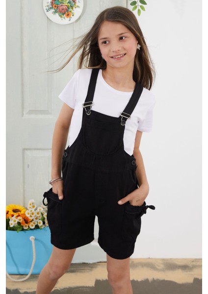 Siyah Göğüs Cepli Kız Çocuk Şort Salopet Tulum 18775 fırsatları