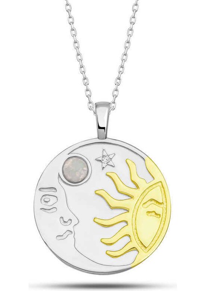 Gümüş Opal Beyaz Taşlı Ay Güneş Kadın Kolye
