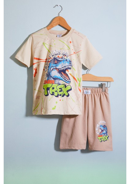 Krem T-Rex Baskılı Yazılı Erkek Çocuk Şortlu Takım 18709